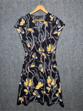 Floral V-Neck Fit & Flare Dress in Black with Yellow Accents
